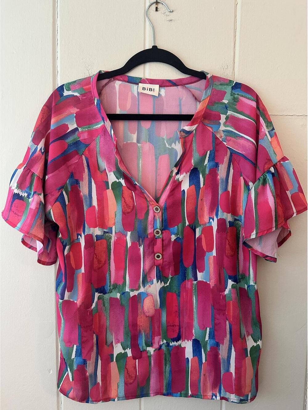 Bibi Blouse Brushstrokes Abstract Design 80s Style Spring Colors Size Large